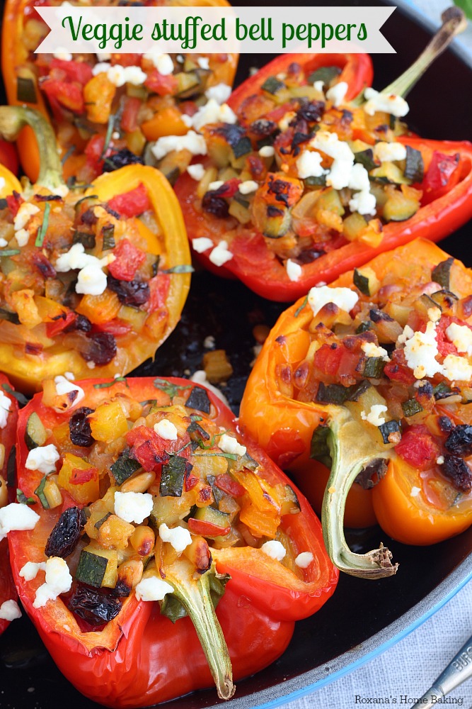 Packed with a tasty mixture of vegetables, pine nuts and raisins, these flavorful stuffed bell peppers are perfect for a easy weeknight dinner.