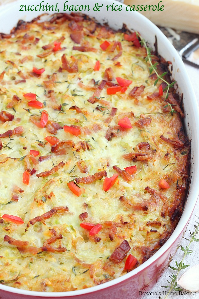 One mixing bowl and one casserole are needed to make this cheesy zucchini bacon rice casserole. Make it ahead of time and bake it just before dinner.