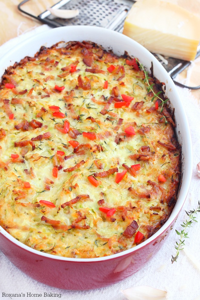 One mixing bowl and one casserole are needed to make this cheesy zucchini bacon rice casserole. Make it ahead of time and bake it just before dinner.