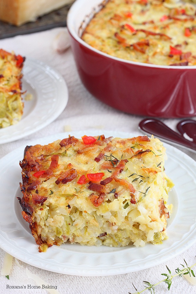 One mixing bowl and one casserole are needed to make this cheesy zucchini bacon rice casserole. Make it ahead of time and bake it just before dinner.