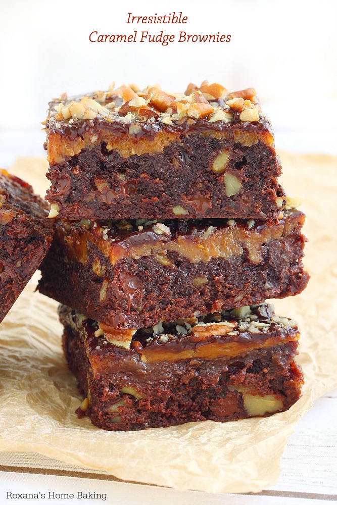 Gooey and ridiculously rich, these caramel fudge brownies feature a layer of oozing caramel baked on top of a decadent chocolate chip brownies.  Resistance is pointless. 