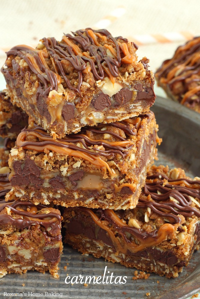 Easy to make oatmeal cookie bars filled with gooey caramel and oozing chocolate, these carmelitas bars will make you weak to your knees!