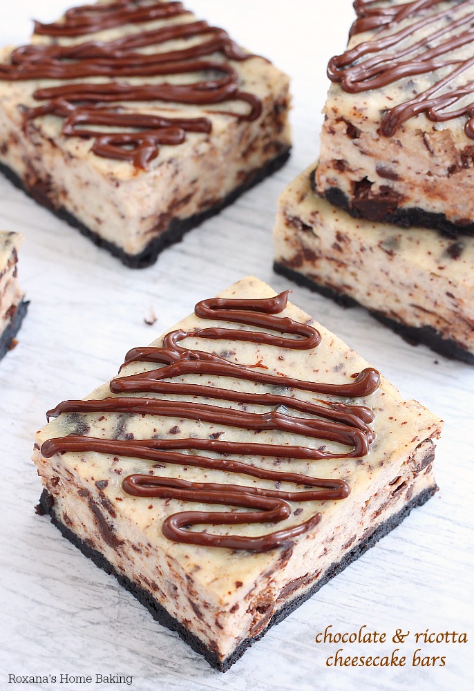 Lighter than traditional cheesecake, these ricotta cheesecake bars are chock-full with grated chocolate and finished with a drizzle of chocolate ganache. 