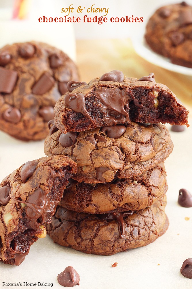 A chocolate lover’s dream come true, these chocolate fudge cookies are soft, slightly chewy and packed with over a pound of chocolate! That’s over 1 ounce of chocolate in each cookie!