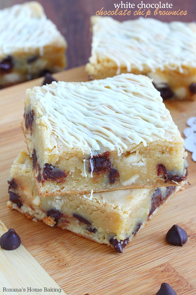 Sweet, buttery with a gooey center and a crispy paper-thin top crust, these white chocolate chocolate chip brownies are as rich as your dark chocolate brownie!
