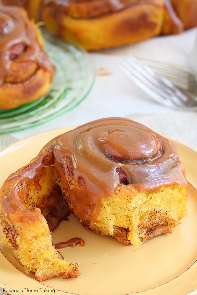 Pumpkin cinnamon rolls with caramel icing recipe from Roxanashomebaking.com