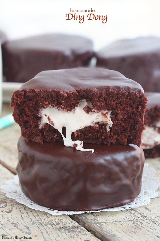 Rich chocolate cake stuffed with a gooey marshmallow filling, this homemade ding dong cake is just as good or even better than the store bought one.