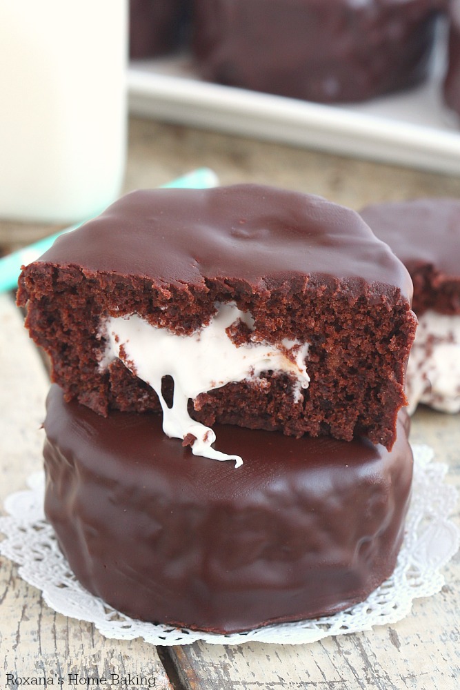 Rich chocolate cake stuffed with a gooey marshmallow filling, this homemade ding dong cake is just as good or even better than the store bought one. 