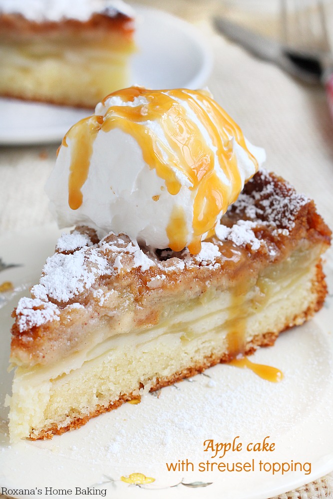 Super easy to make, this buttery, moist and soft apple cake has layers of thinly sliced apples and a sweet and flavorful streusel topping! Just perfect with a cup of coffee! 