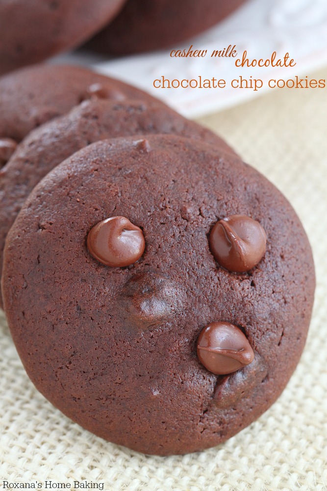 Super soft and thick, these cashew milk chocolate chocolate chip cookies get their richness from the unsweetened cocoa powder and a generous amount of semi-sweet chocolate chips. 