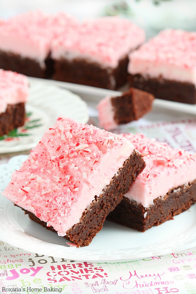Rich, dense and fudge brownies with candy cane frosting