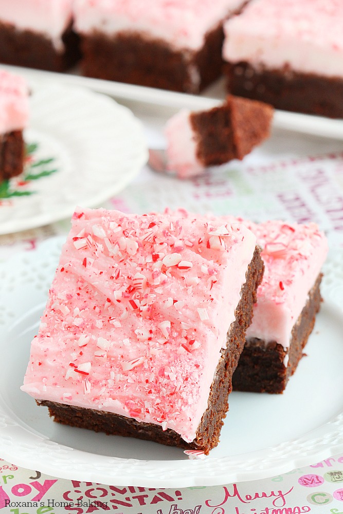 Fudgy brownies with candy cane frosting 