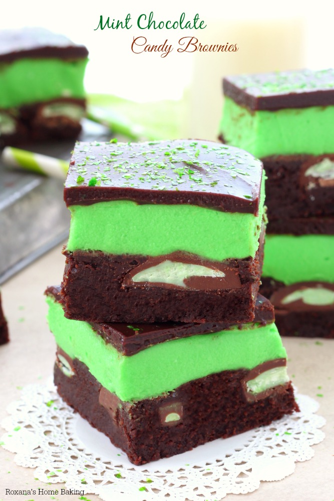 Moist, dense, fudgy, cocoa brownies packed with mint chocolate candy and topped with a thick layer of creme de menthe frosting and chocolate ganache.