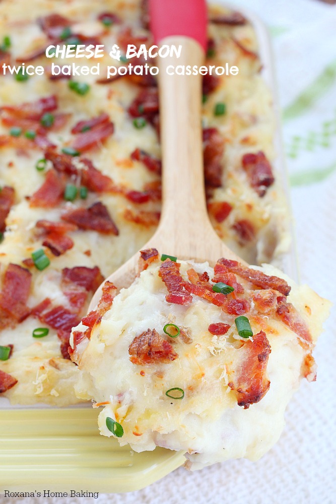 Kick up your classic mashed potatoes a few notches with this twice baked mashed potato casserole loaded with 3 types of cheese and crispy bacon! 