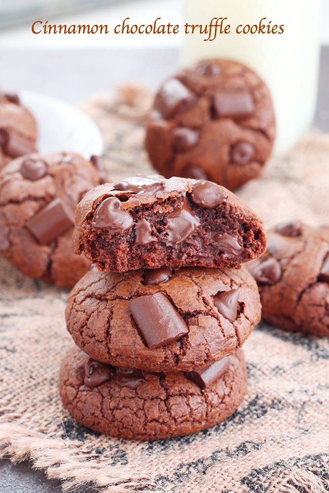 Loaded with bittersweet chocolate, cocoa, and chocolate chips these truffle cookies are packed (and I mean, PACKED) with chocolate. Rich, dense and bursting with flavor… a fantastic chocolate cookie! No mixer needed! 