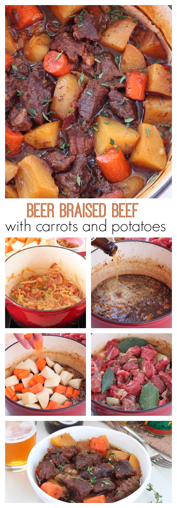 Flavorful beer braised beef with carrots and potatoes, cooked slow and low in the oven is an effortless weeknight meal. One bite of this tender, juicy, tad spicy beef is going to send you over the moon. 