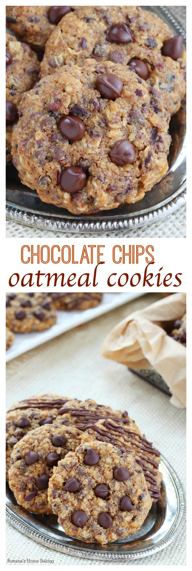 Soft and chewy with slightly crisp edges, these chocolate chip oatmeal cookies are full of flavor and packed with chocolate goodness in every bite.