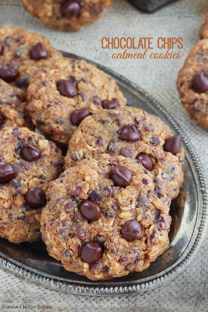 Soft and chewy with slightly crisp edges, these chocolate chip oatmeal cookies are full of flavor and packed with chocolate goodness in every bite.