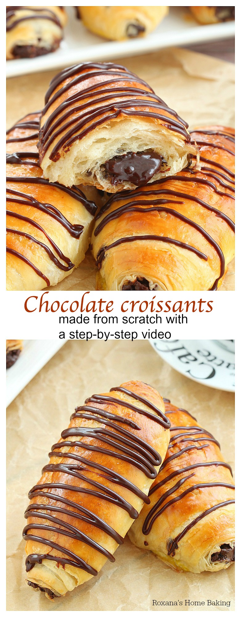 Layer upon layer of light, buttery flaky pastry filled with rich chocolate and drizzled with more chocolate, these made from scratch chocolate croissants are simply mind-blowing! No butter folding or chilling the dough several times needed!