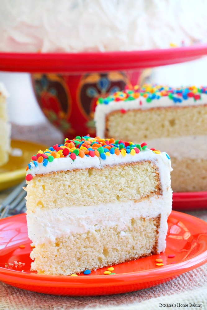 Everyone deserves a special treat on their birthday and this over-the-top vanilla bean cake topped with piles of fluffy vanilla bean frosting and colorful sprinkles makes your day extra special!