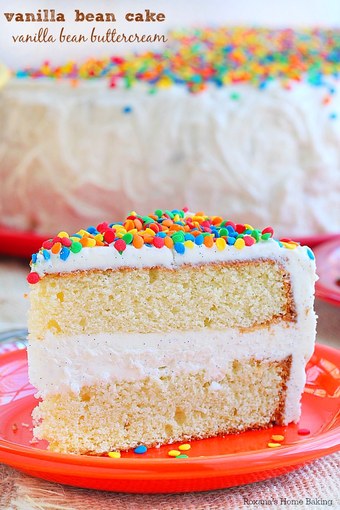 Everyone deserves a special treat on their birthday and this over-the-top vanilla bean cake topped with piles of fluffy vanilla bean frosting and colorful sprinkles makes your day extra special!