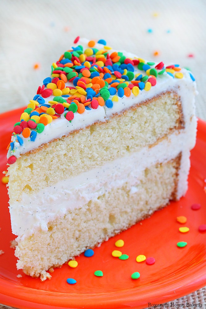 Everyone deserves a special treat on their birthday and this over-the-top vanilla bean cake topped with piles of fluffy vanilla bean frosting and colorful sprinkles makes your day extra special!