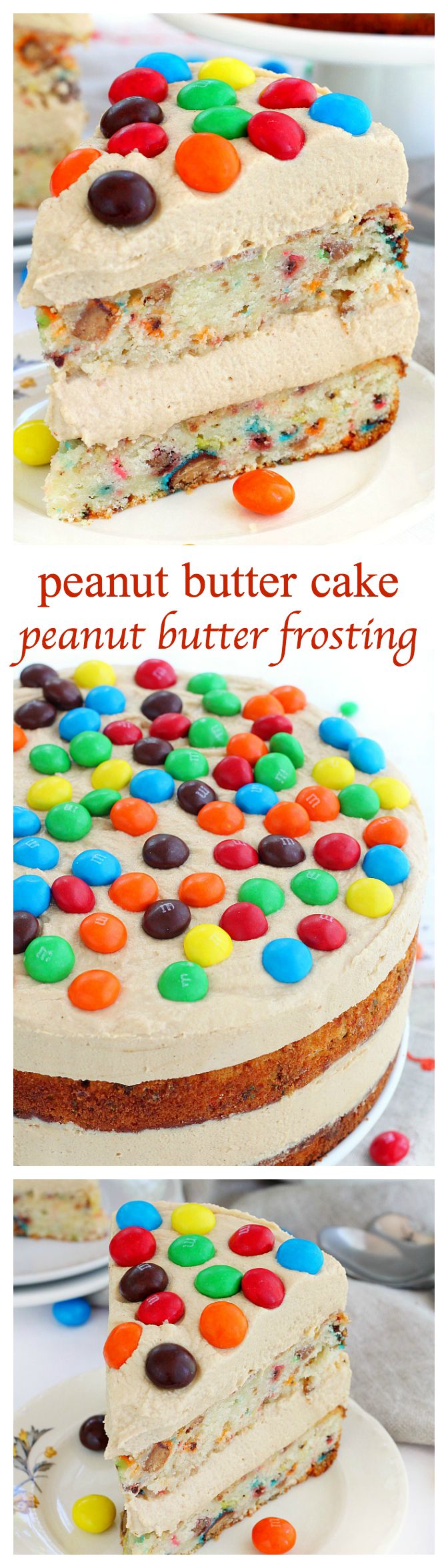 Peanut butter cake loaded with chopped Peanut Butter M&M's and a dreamy peanut butter frosting, this cake is a peanut butter lover dream come true!