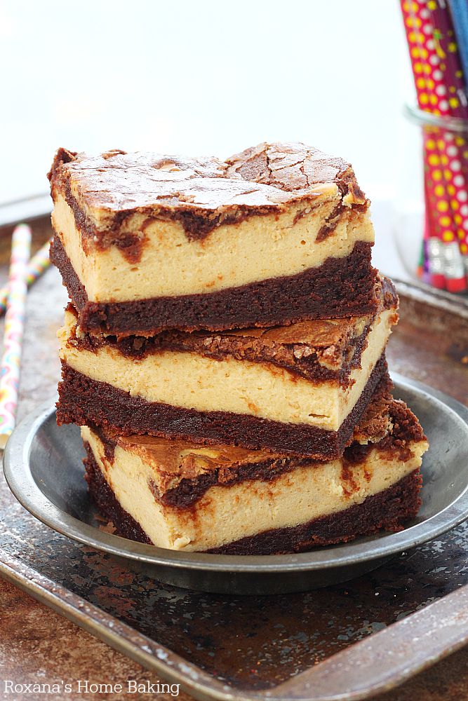 Fudgy homemade brownie topped with a silky layer of peanut butter cheesecake. If you love peanut butter and chocolate together, you'll LOVE these peanut butter cheesecake brownies! 