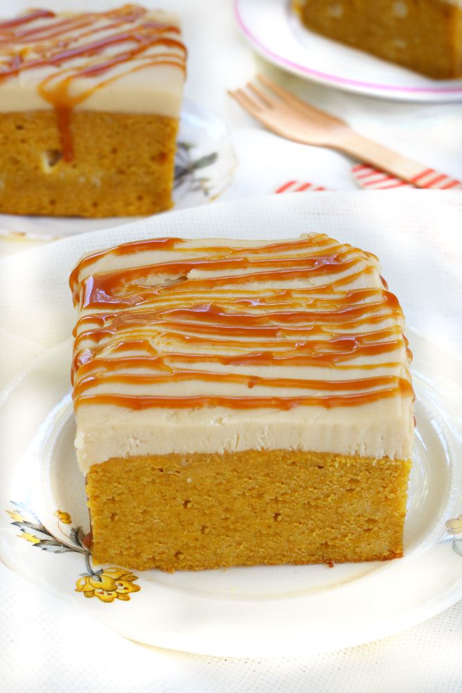 Just as easy as a making it from a cake mix, this made-from-scratch pumpkin poke cake is soaked in condensed milk and topped with homemade caramel frosting!
