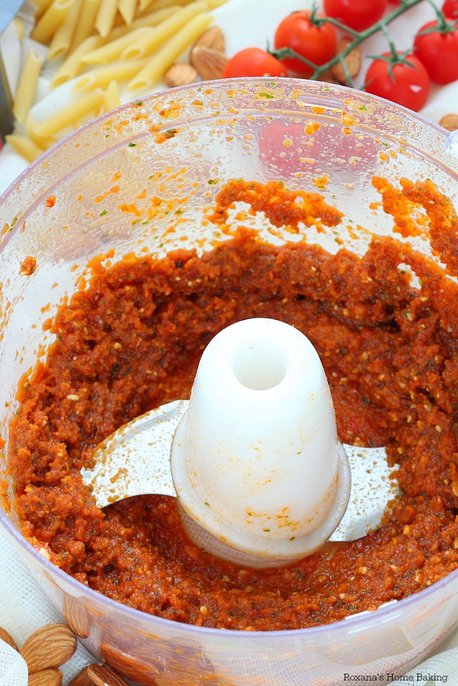 A super easy pasta dish made with the most flavorful sun dried tomato pesto! 6 ingredients and less than 15 minutes to make this delicious meal!