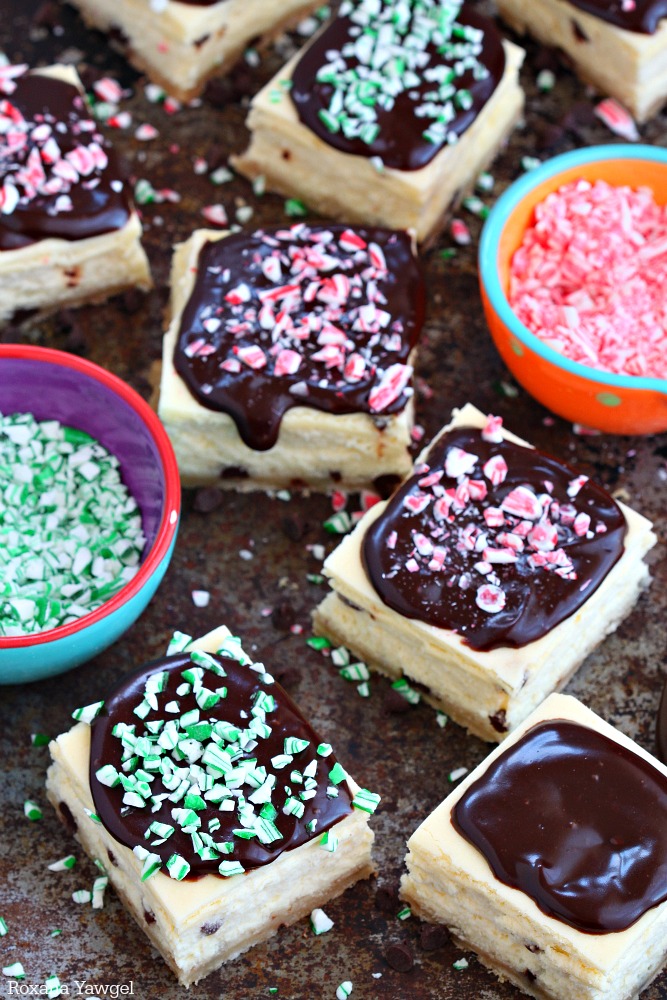 Quick and easy peppermint chocolate chip cheesecake bars featuring a buttery crust, silky cheesecake filling dotted with mini chocolate chips and a rich chocolate ganache with crushed candy cane on top! A scrumptious treat dressed up for your holiday table!