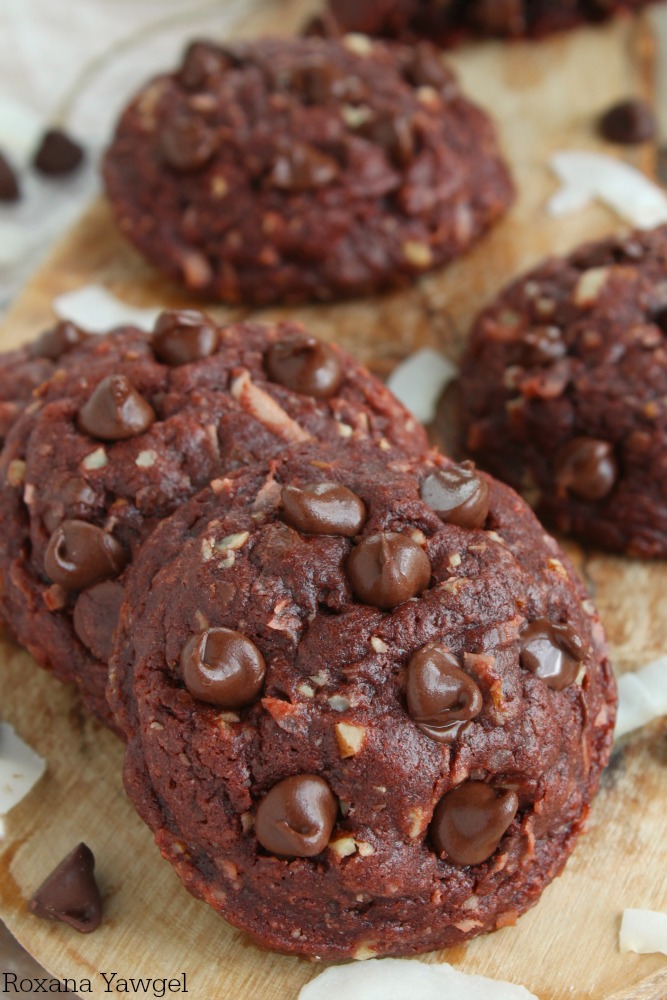 Thick, puffy and pillowy soft, fudgy and oozing with chocolate, these coconut pecans chocolate chocolate chip cookies will make you weak at the knees!