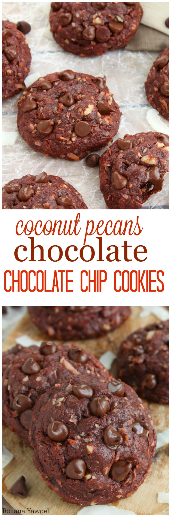 Thick, puffy and pillowy soft, fudgy and oozing with chocolate, these coconut pecans chocolate chocolate chip cookies will make you weak at the knees!