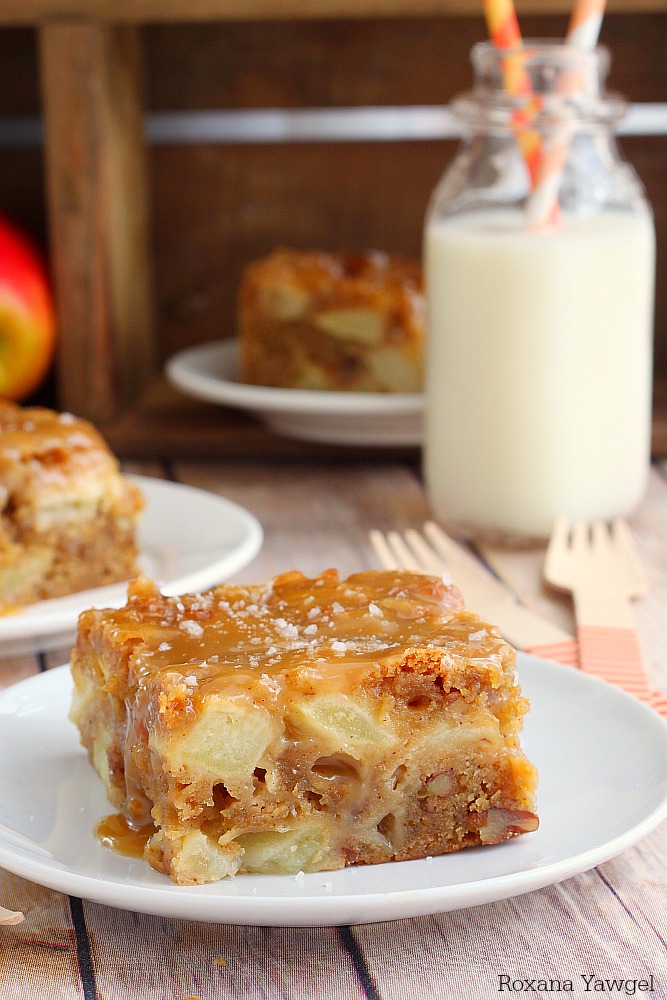 Super moist and delicious fresh apple cake loaded with fresh apple chunks and flavored with warm fall spices. Top it off with a salted caramel glaze for a decadent treat!