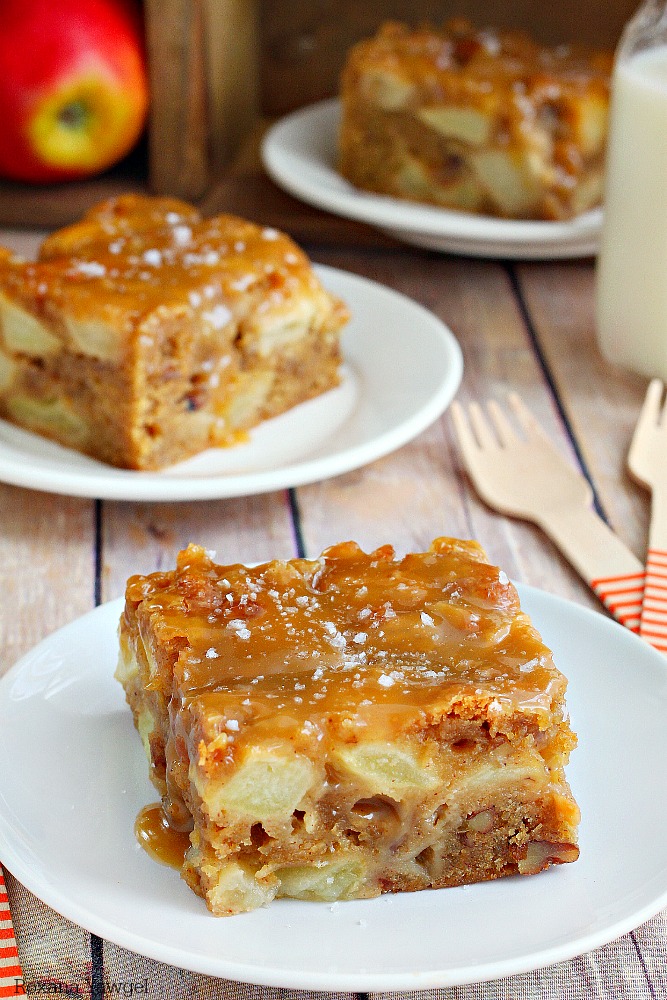 Super moist and delicious fresh apple cake loaded with fresh apple chunks and flavored with warm fall spices. Top it off with a salted caramel glaze for a decadent treat!