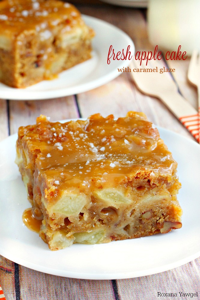 Super moist and delicious fresh apple cake loaded with fresh apple chunks and flavored with warm fall spices. Top it off with a salted caramel glaze for a decadent treat!