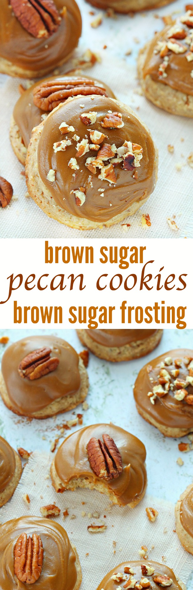 Soft brown sugar pecan cookies topped with a luscious rich brown sugar frosting! Grab a glass of cold milk! It's required with these cookies!