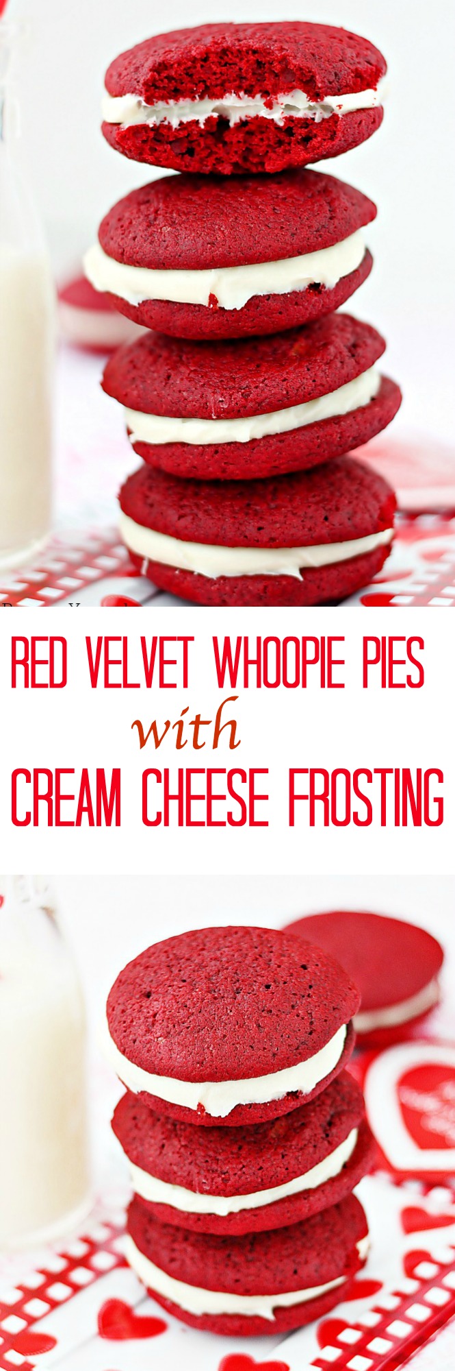 Red velvet whoopie pies with cream cheese frosting - Soft, cake-like red velvet cookies sandwiched with a smooth sweet cream cheese frosting