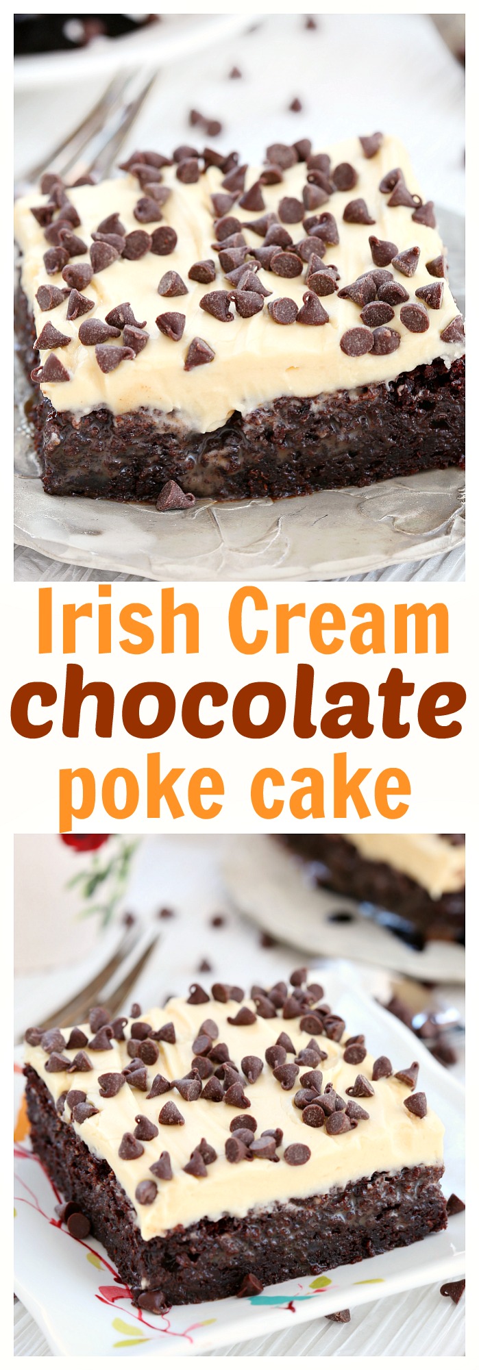 Rich Irish cream chocolate cake infused with chocolate condensed milk and topped with a dreamy Irish cream frosting, this Irish cream chocolate poke cake will knock your socks off!