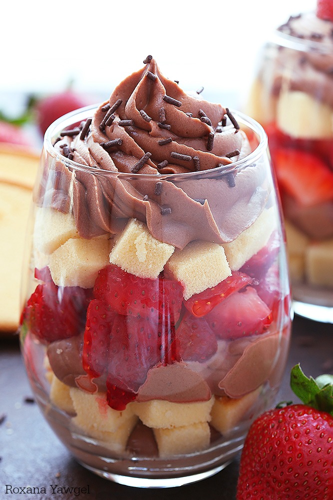 Layers upon layers of buttery cake, rich chocolate filling and ripe strawberries make this chocolate parfait an irresistible treat! Perfect for last minute guests or as a quick after dinner dessert!