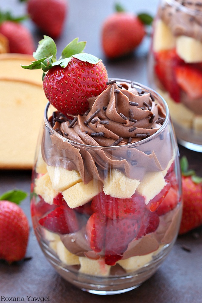 Layers upon layers of buttery cake, rich chocolate filling and ripe strawberries make this chocolate parfait an irresistible treat! Perfect for last minute guests or as a quick after dinner dessert!