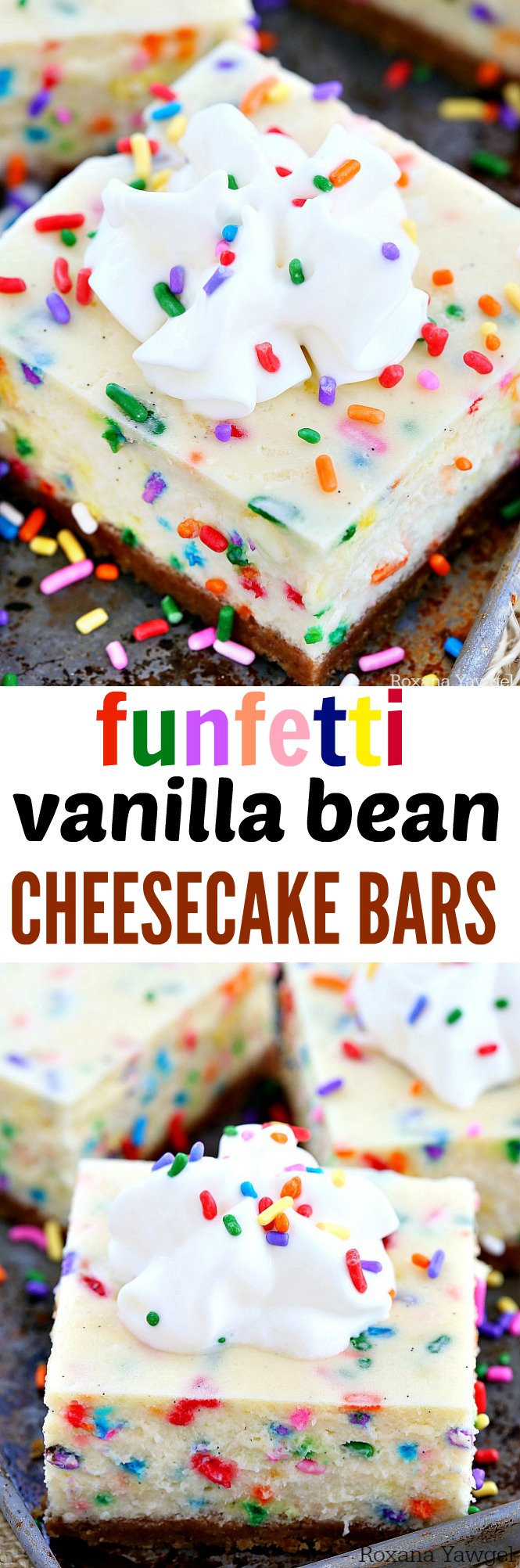 Silky and dreamy funfetti vanilla bean cheesecake bars bursting with a wonderful, crave-worthy vanilla flavor and packed with colorful sprinkles in every bite!
