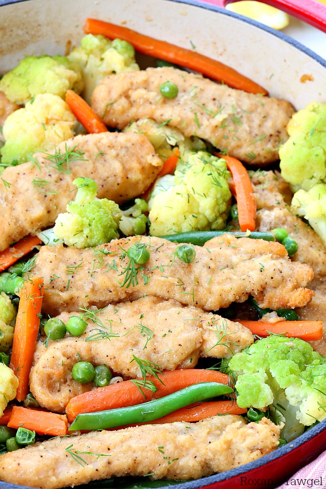 One pot meals are little life savers and this one pot breaded chicken and vegetable skillet is spring on a plate! Quick, easy and filled with colorful veggies! 