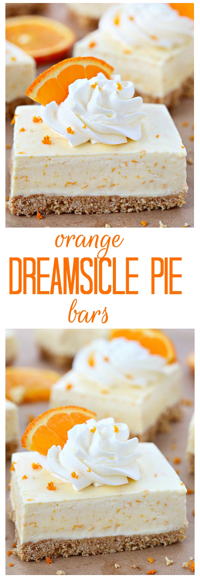 Summer in a bite, these orange dreamsicle pie bars are packed with orange flavor from freshly squeezed orange juice and grated orange rind! Forget the orange flavored jello, these orange dreamsicle pie bars taste so much better!