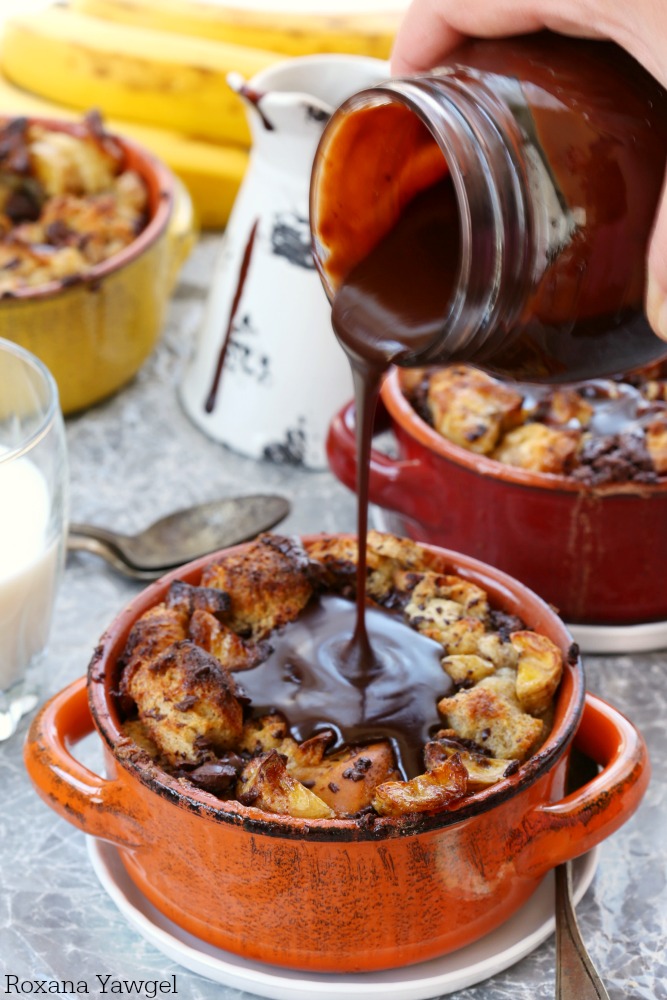 With only 15 minutes of prep time, you can have this piping hot chocolate banana bread pudding with chocolate sauce on the table in under an hour!