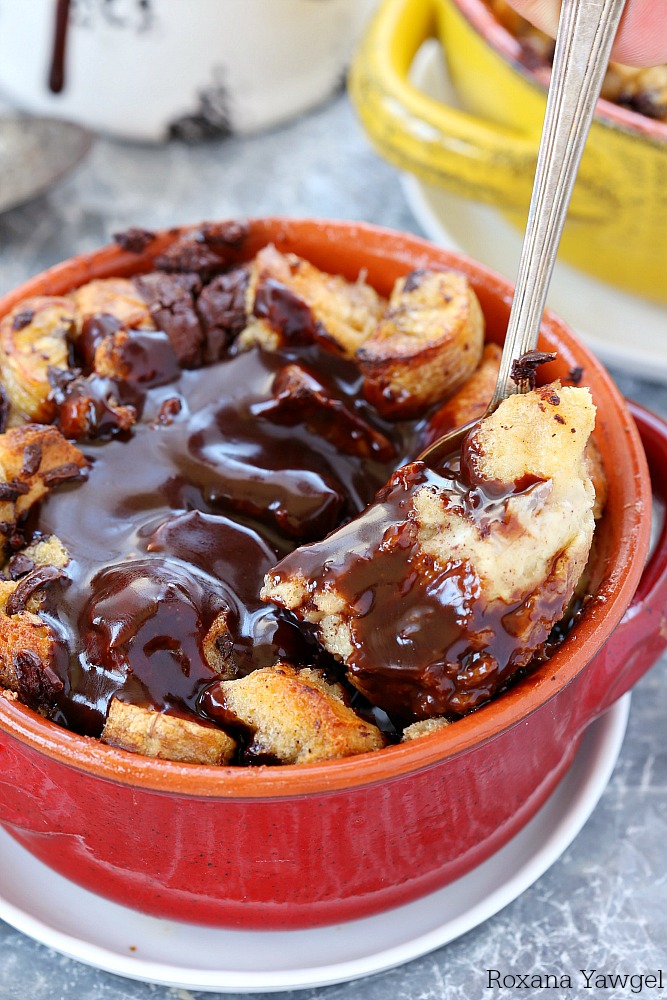 With only 15 minutes of prep time, you can have this piping hot chocolate banana bread pudding with chocolate sauce on the table in under an hour!
