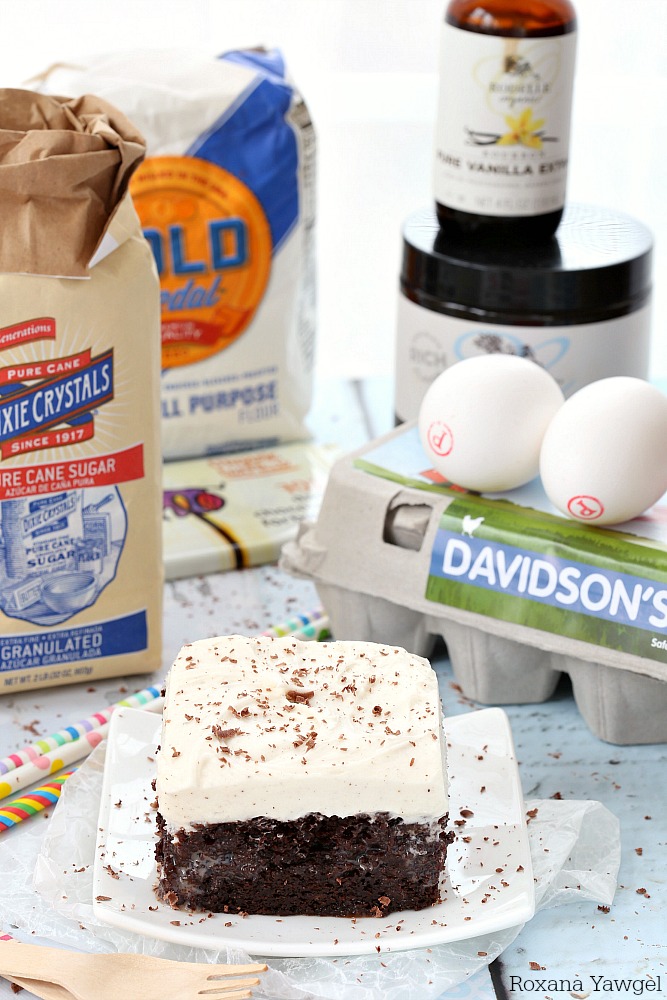 A delicious made from scratch double chocolate poke cake soaked with vanilla bean milk and topped with a generous amount of vanilla bean frosting! Chocolate and vanilla lovers will go crazy over this cake! 