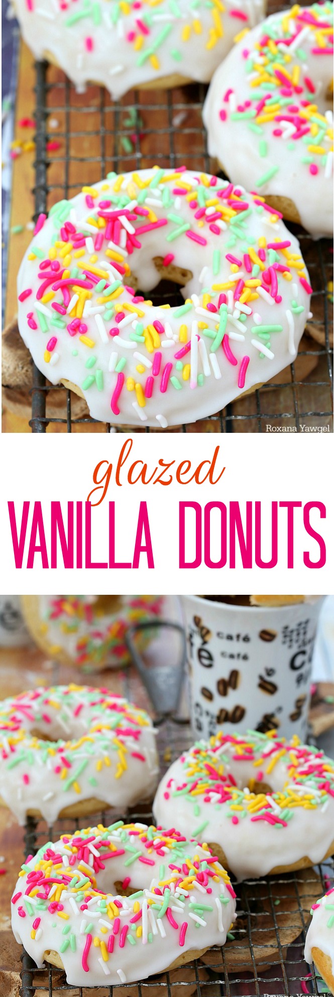 Soft and delicious baked donuts dipped in a thick vanilla glaze and topped with sprinkles, these glazed vanilla donuts are sure to brighten up your day!