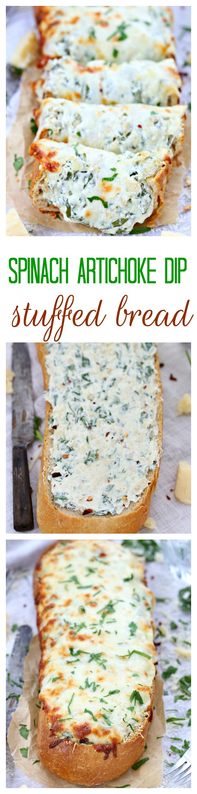Three types of cheese and a dollop of yogurt make this spinach artichoke dip stuffed bread incredibly creamy and cheesy. It is a guaranteed hit with the crowd and always disappears – no leftovers in sight!