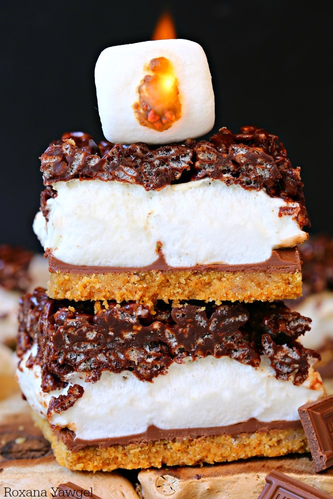 Layers of buttery graham cracker crust, oozing milk chocolate, gooey marshmallows, and chewy chocolate rice krispies, these smores bars will quickly become a summer favorite!